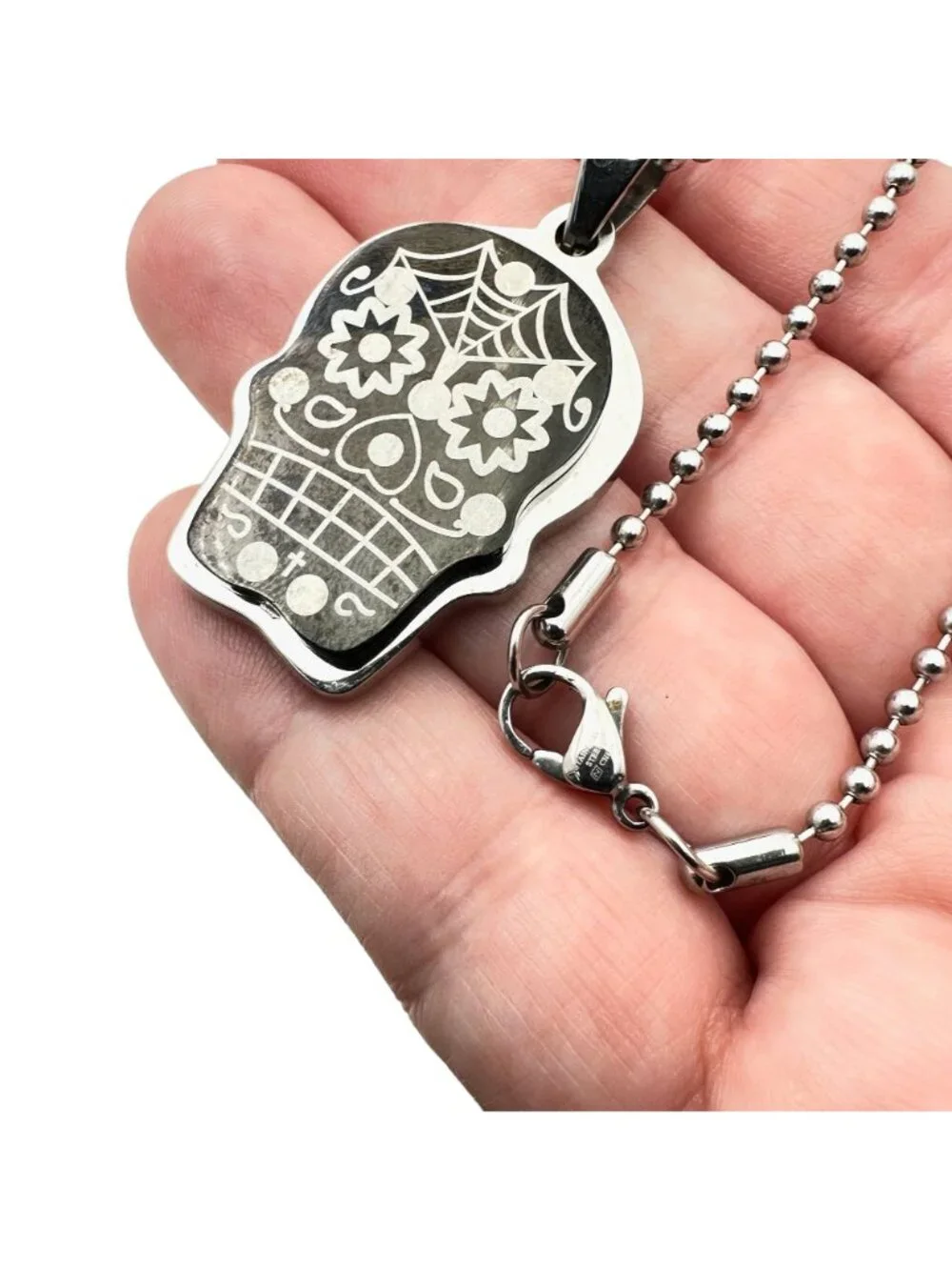Stainless Steel Unisex Necklace Sugar Skull Day of the Dead 24 Inch Chain